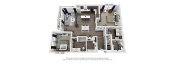 A 3D floor plan of a house with a living room, kitchen, and two bedrooms.