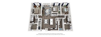 A 3D floor plan of a house with four different layouts.
