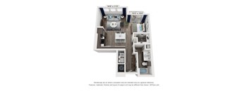 A floor plan of a small apartment with a kitchen, living room, and two bedrooms.