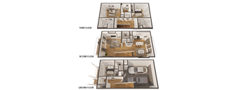 A set of three images showing a top-down view of a house's third floor, second floor, and ground floor layouts.