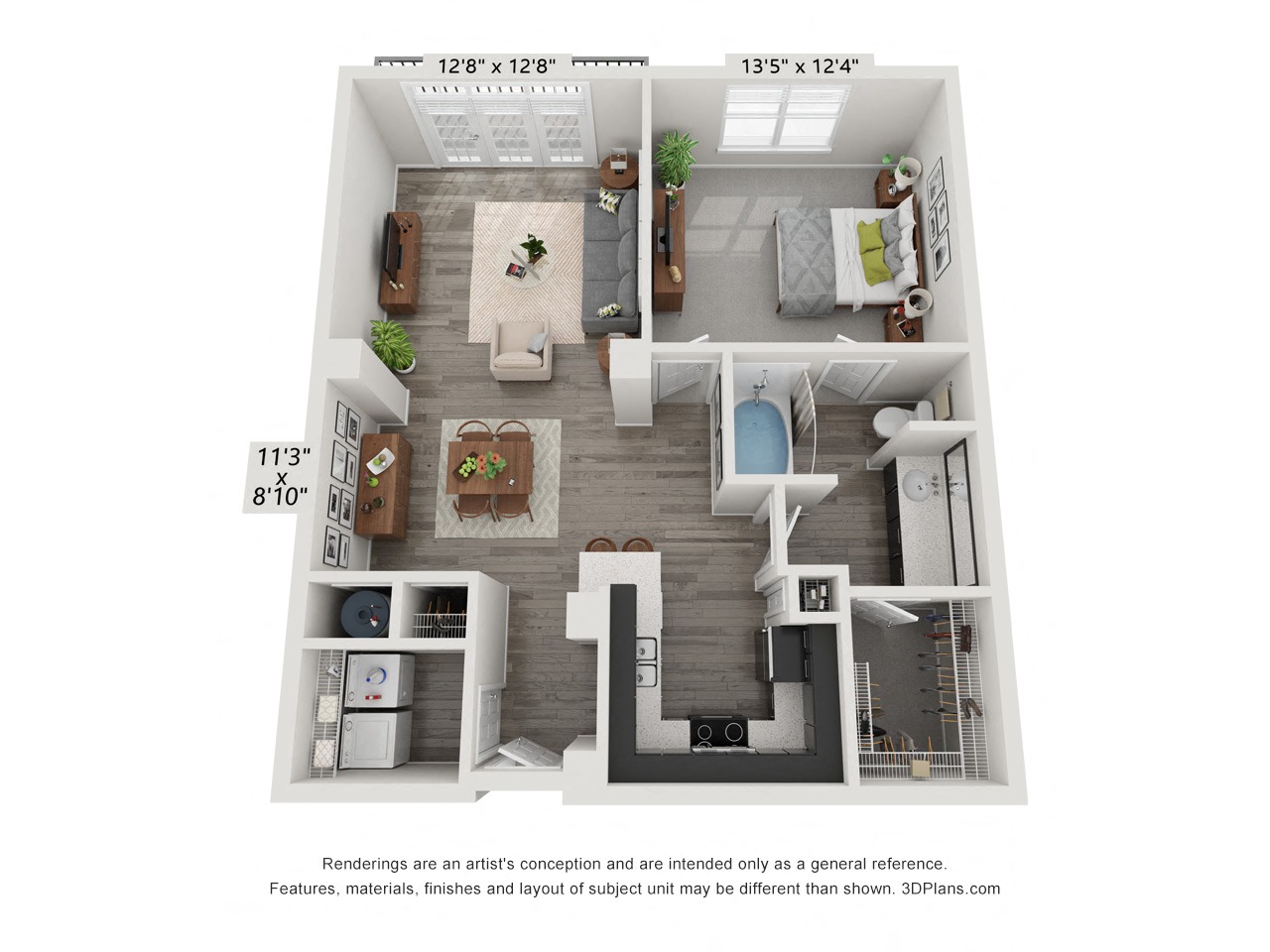 A 3D floor plan of a small apartment with a kitchen, living room, and bathroom.