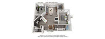 A 3D floor plan of a house with a kitchen, living room, and bathroom.