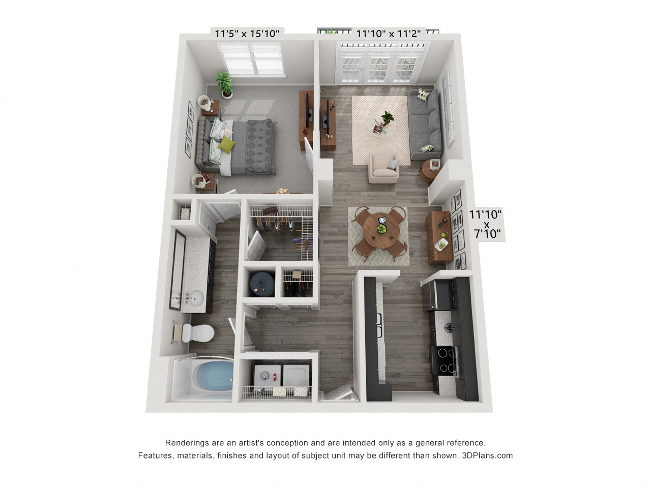 A floor plan of a small apartment with a kitchen, living room, and bathroom.