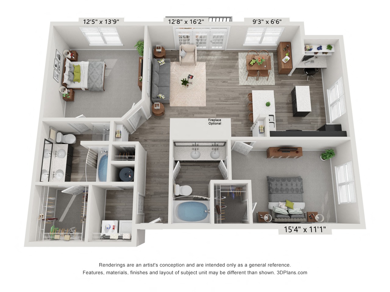 A floor plan of a two-bedroom apartment with a living room, kitchen, and bathroom.