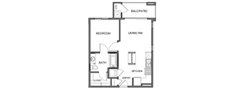 A floor plan of a small apartment with a bedroom, living room, kitchen, and bathroom.