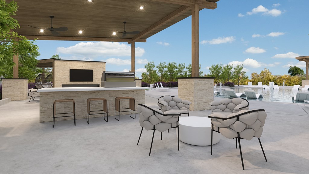 a rendering of a patio with a bar and a pool