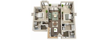 A 3D floor plan of a house with a living room, kitchen, and two bedrooms.