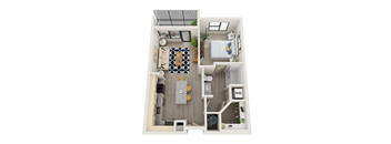 A top-down view of a small apartment with a kitchen, living room, and bathroom.