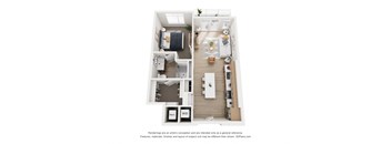 A floor plan of a small apartment with a kitchen, living room, and bathroom.