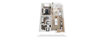 A floor plan of a small apartment with a kitchen, living room, and bedroom.