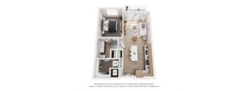 A 3D floor plan of a small apartment with a kitchen, living room, and bedroom.