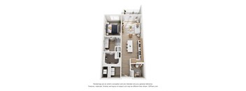 A 3D floor plan of a small apartment with a kitchen, living room, and two bedrooms.