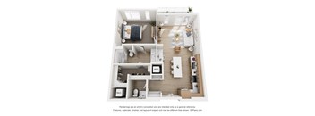 A 3D floor plan of a small apartment with a kitchen, living room, and bathroom.