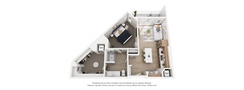 A 3D floor plan of a small apartment with a kitchen, living room, and bedroom.