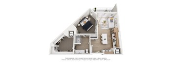 A 3D floor plan of a small apartment with a kitchen, living room, and bathroom.