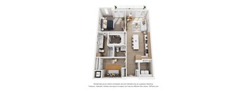 A floor plan of a small apartment with a kitchen, living room, and two bedrooms.