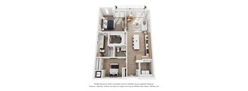 A 3D floor plan of a small apartment with a kitchen, living room, and bedroom.