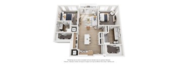 A 3D floor plan of a house with a kitchen, living room, and two bedrooms.