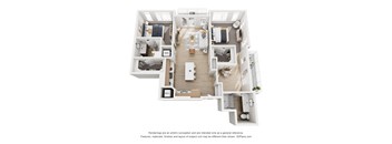 A 3D floor plan of a house with a kitchen, living room, and two bedrooms.