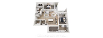 A 3D floor plan of a house with a kitchen, living room, and two bedrooms.