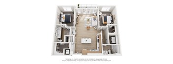 A 3D floor plan of a house with a kitchen, living room, and two bedrooms.