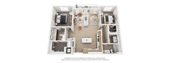 A floor plan of a two-story apartment with a living room, kitchen, and bedrooms.