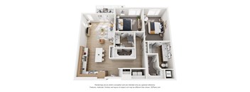 A 3D floor plan of a house with a kitchen, living room, and bedrooms.