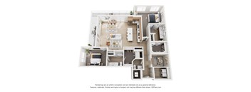 A 3D floor plan of a house with a kitchen, living room, dining room, and bedrooms.