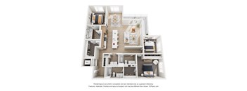 A 3D floor plan of a house with a kitchen, living room, and two bedrooms.