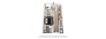 A floor plan of a small apartment with a kitchen, living room, and bedroom.