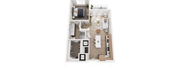 A top down view of a small apartment with a kitchen, living room, and bathroom.