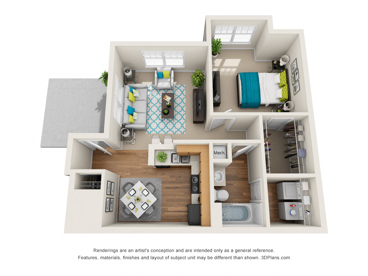 A 3D floor plan of a small apartment with a kitchen, living room, and bedroom.