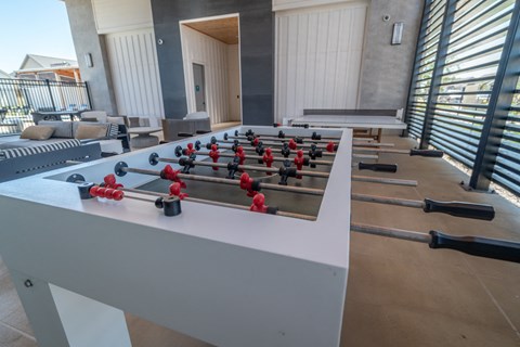 a foosball table in the lobby of a building