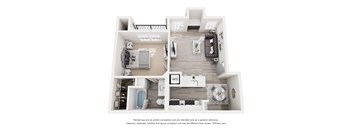 A 3D floor plan of a house with a kitchen, living room, and bathroom.