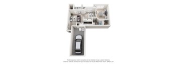 A 3D floor plan of a house with a car parked in the driveway.