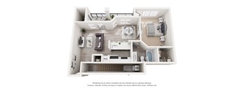 A 3D floor plan of a house with labeled rooms.