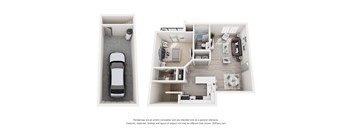 A car is parked in a garage and a floor plan of a house is shown.