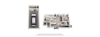 A rendering of a car in a parking garage and a 3D floor plan of a house.