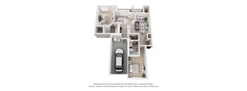 A 3D floor plan of a house with a car parked in the garage.