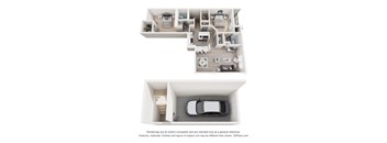 A 3D floor plan of a house with a car parked in the garage.