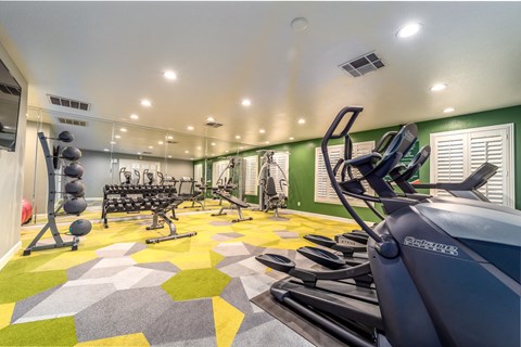 a gym with cardio equipment and weights on the floor