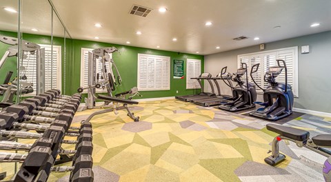 a gym with cardio machines and weights on the floor
