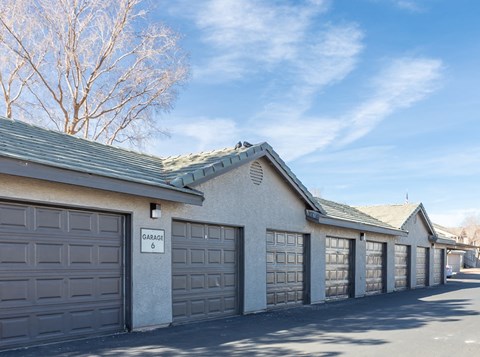 a building with a row of garage doors