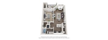 A 3D floor plan of a two-bedroom apartment.