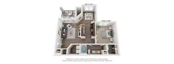 A 3D floor plan of a house with a living room, kitchen, and two bedrooms.