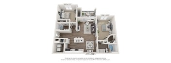 A 3D floor plan of a house with a living room, kitchen, and two bedrooms.