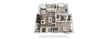 A 3D floor plan of a house with a living room, kitchen, and two bedrooms.