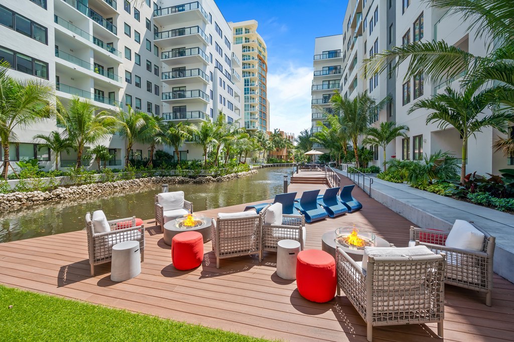 Exterior sitting area by water