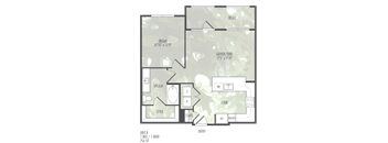 A floor plan of a home with a bedroom, bathroom, dining area, kitchen, and living room.