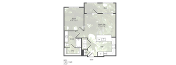 A floor plan of a house with a bedroom, a bathroom, a living room, a dining room, a kitchen, a pantry, a laundry room, and a garage.